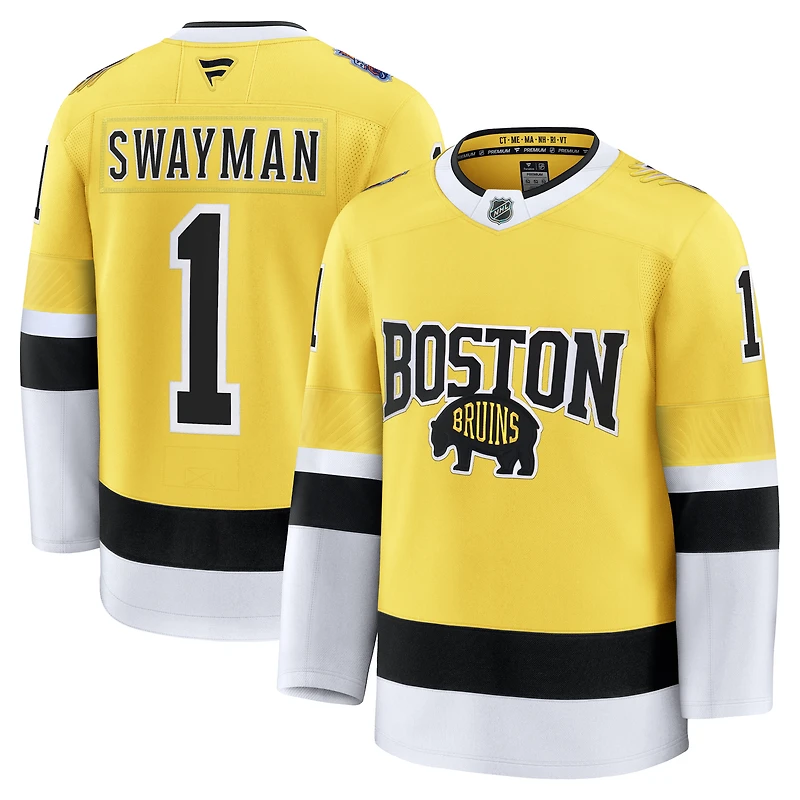 Maillot premium Fanatics Jeremy Swayman Gold des Bruins de Boston, série stades la LNH 2026