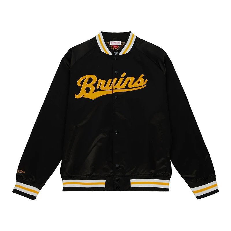Men's Mitchell & Ness Black Boston Bruins 100th Anniversary Satin Raglan Full-Snap Jacket