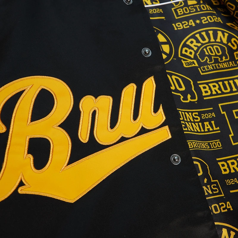 Men's Mitchell & Ness Black Boston Bruins 100th Anniversary Satin Raglan Full-Snap Jacket