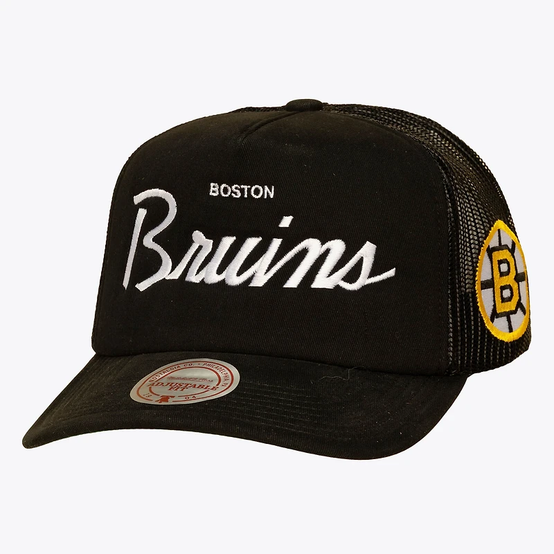 Men's Mitchell & Ness Black Boston Bruins Head Coach Trucker Adjustable Hat