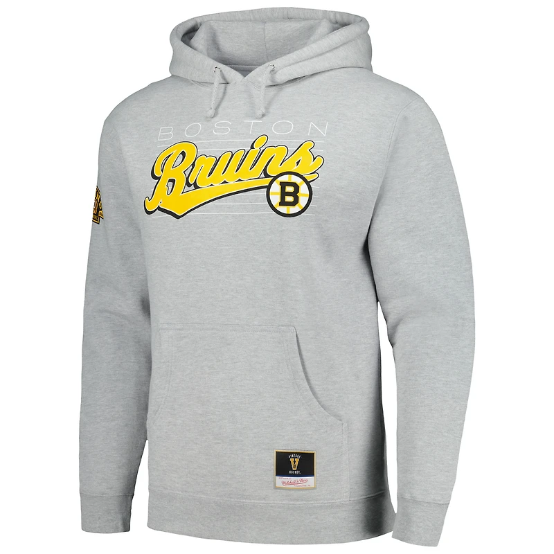 Chandail à capuchon Script Sweep du 100e anniversaire des Bruins de Boston gris chiné Mitchell & Ness pour hommes