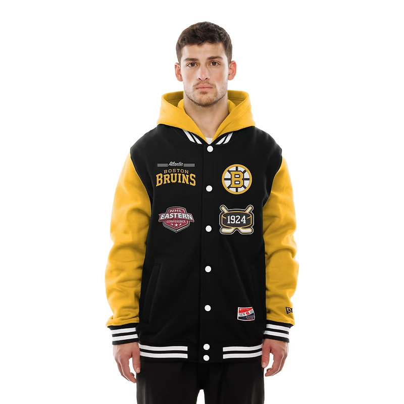 Veste à capuche polaire boutons-pression New Era noire/dorée des Bruins de Boston pour homme