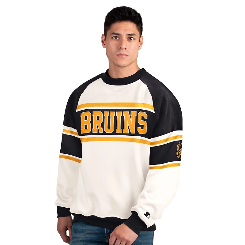 Men's Starter White Boston Bruins Defense Fleece Crewneck Sweatshirt