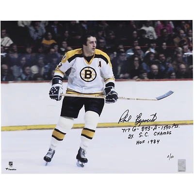 Phil Esposito Boston Bruins Autographed 16" x 20" White Jersey Skating Photograph with Multiple Inscriptions - Limited Edition of 10
