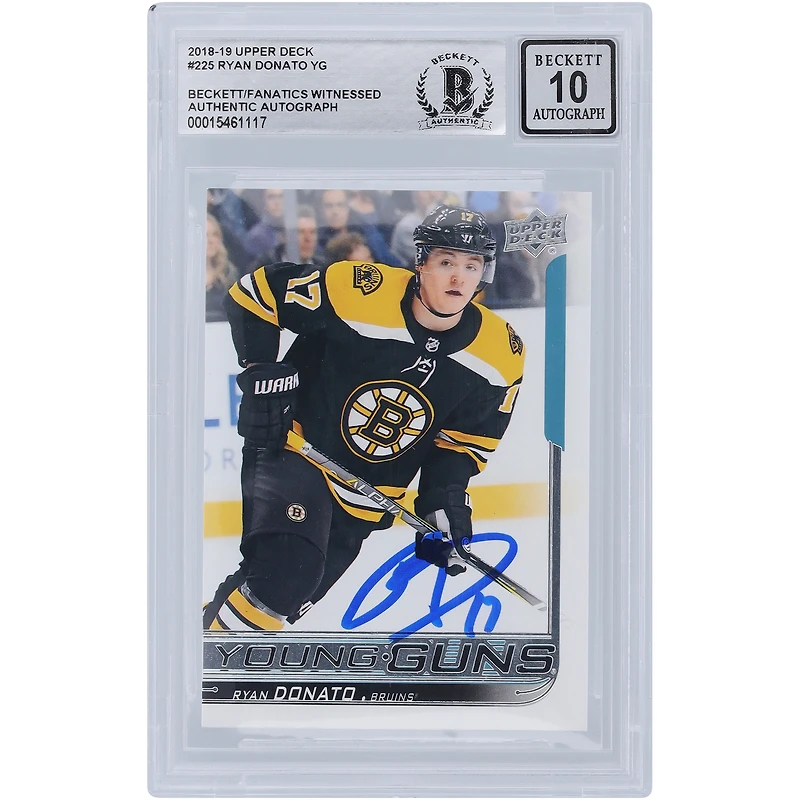 Carte de recrue autographiée 2018-19 Upper Deck Series 1 Young Guns #225 Beckett Fanatics Witnessed Authenticated 10 Rookie par Ryan Donato des Bruins de Boston