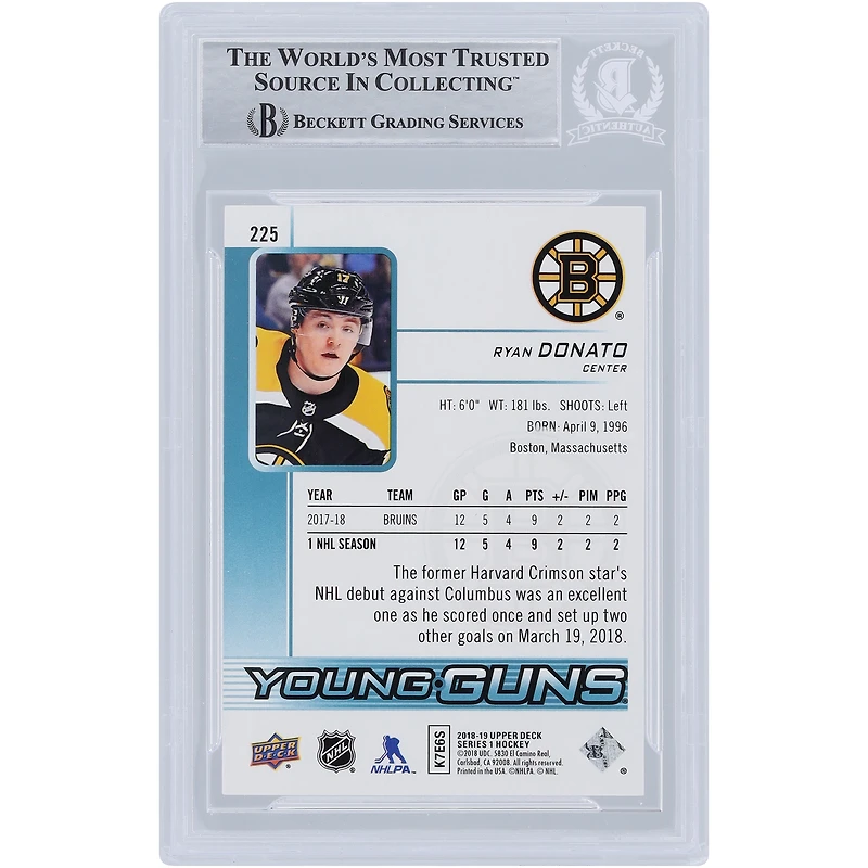 Carte de recrue authentifiée dédicacée par Ryan Donato des Boston Bruins 2018-19 Upper Deck Series 1 Young Guns #225 Beckett Fanatics Witnessed