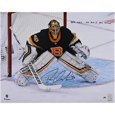 Tuukka Rask Boston Bruins Autographed 16" x 20" Black Alternate Jersey In Net Photograph with Multiple Inscriptions
