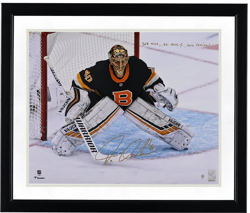 Tuukka Rask Boston Bruins Autographed 16" x 20" Black Alternate Jersey In Net Photograph with Multiple Inscriptions - Signed in Gold Ink - Limited Edition #1/1