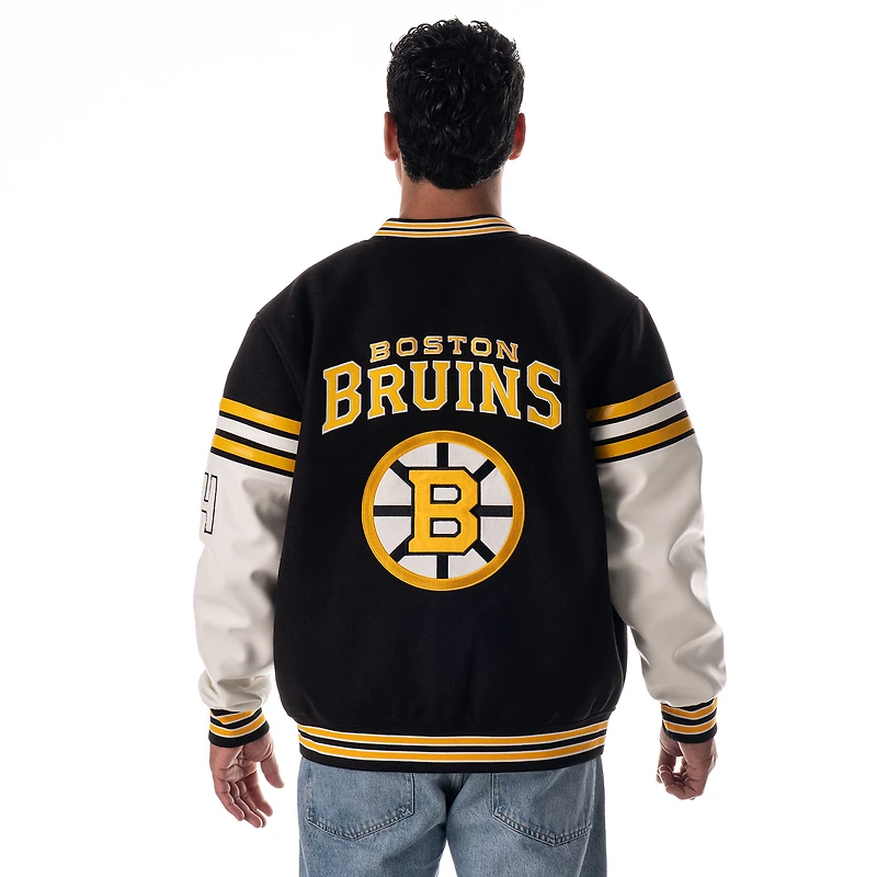Unisex The Wild Collective Black Boston Bruins Drop Shoulder Full-Snap Varsity Jacket