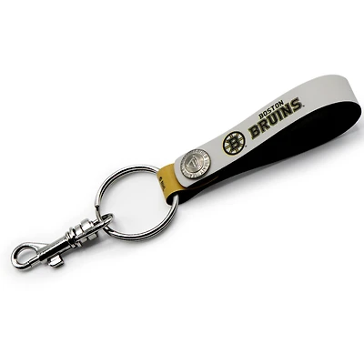 White Boston Bruins Personalized Leather Loop Keychain