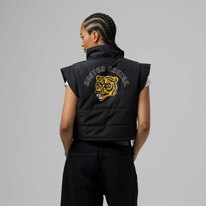 Women's Mitchell & Ness Black Boston Bruins Cropped Full-Zip Puffer Vest
