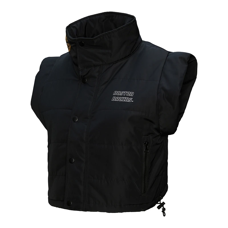 Women's Mitchell & Ness  Black Boston Bruins Cropped Full-Zip Puffer Vest