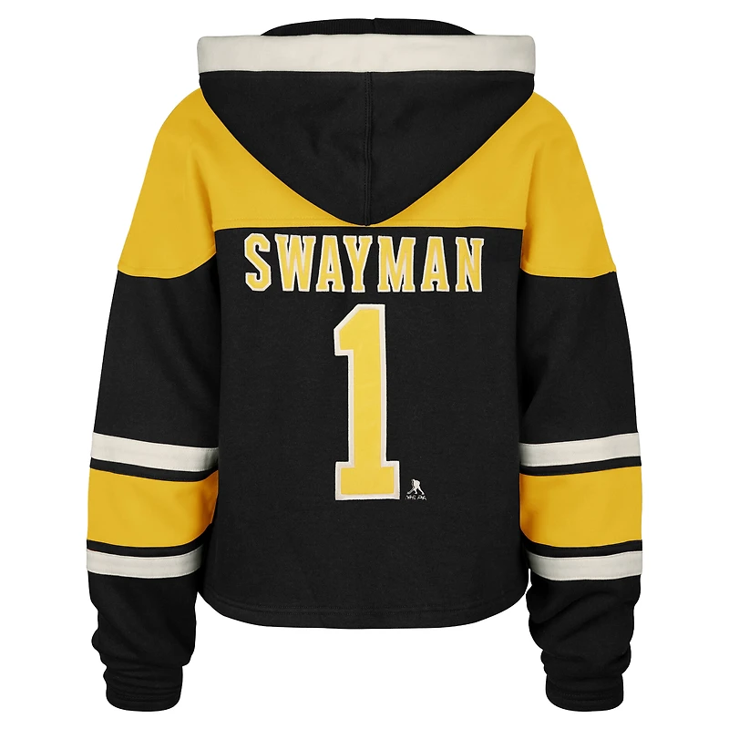 Sweat à capuche court lacets noirs '47 Jeremy Swayman Boston Bruins Superior Lace pour femme