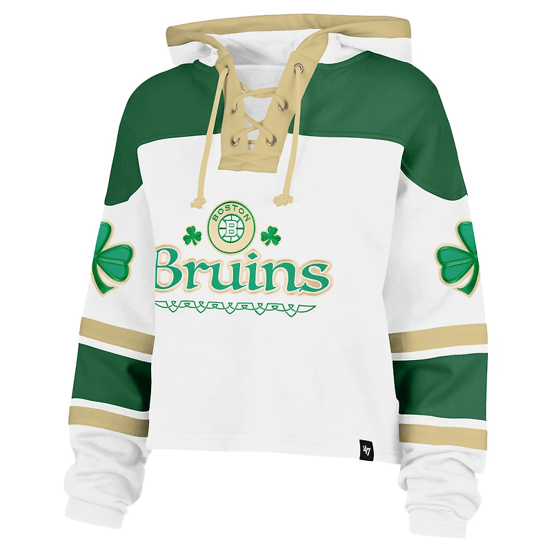 Women's '47  White Boston Bruins McLucky Cropped Lacer Hoodie