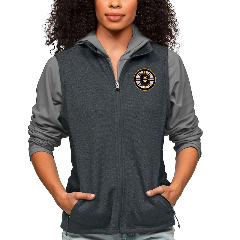 Women's Antigua Heather Charcoal Boston Bruins Primary Logo Course Full-Zip Vest