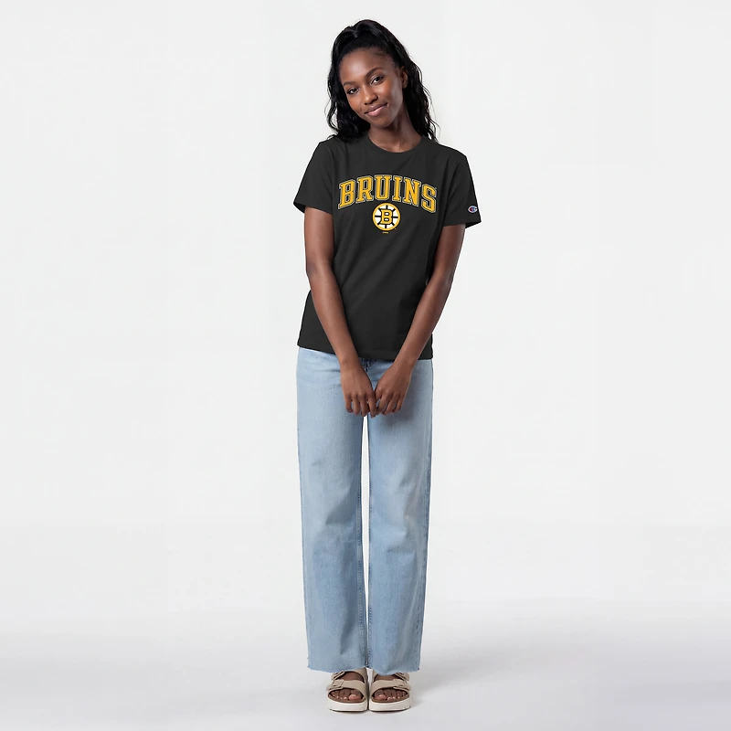 T-shirt noir Champion pour femmes avec logo mascotte des Bruins de Boston en forme d'arche