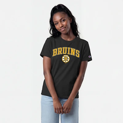 T-shirt noir Champion pour femmes avec logo mascotte des Bruins de Boston en forme d'arche