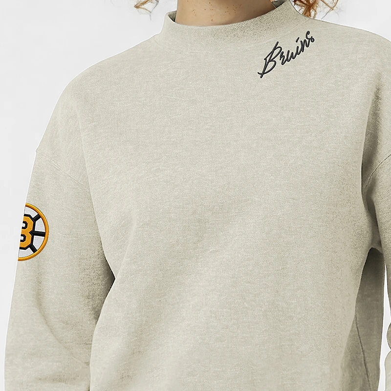 Women's Champion  Oatmeal Boston Bruins Collar Script Triumph Fleece Crewneck Sweatshirt
