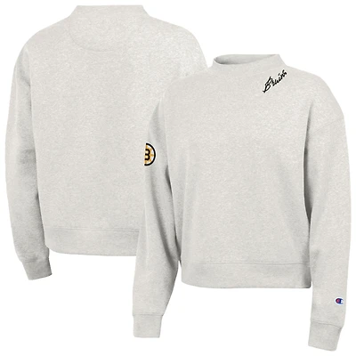 Women's Champion  Oatmeal Boston Bruins Collar Script Triumph Fleece Crewneck Sweatshirt