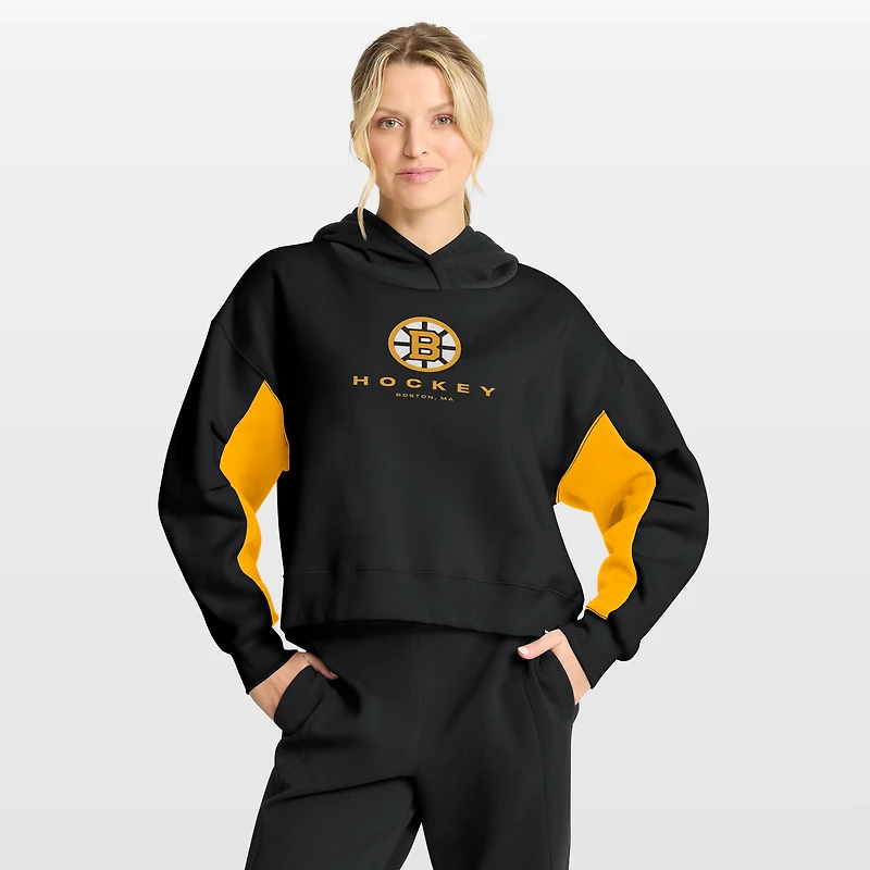 Sweat à capuche boxy noir carreaux arrière des Bruins de Boston Fanatics pour femmes