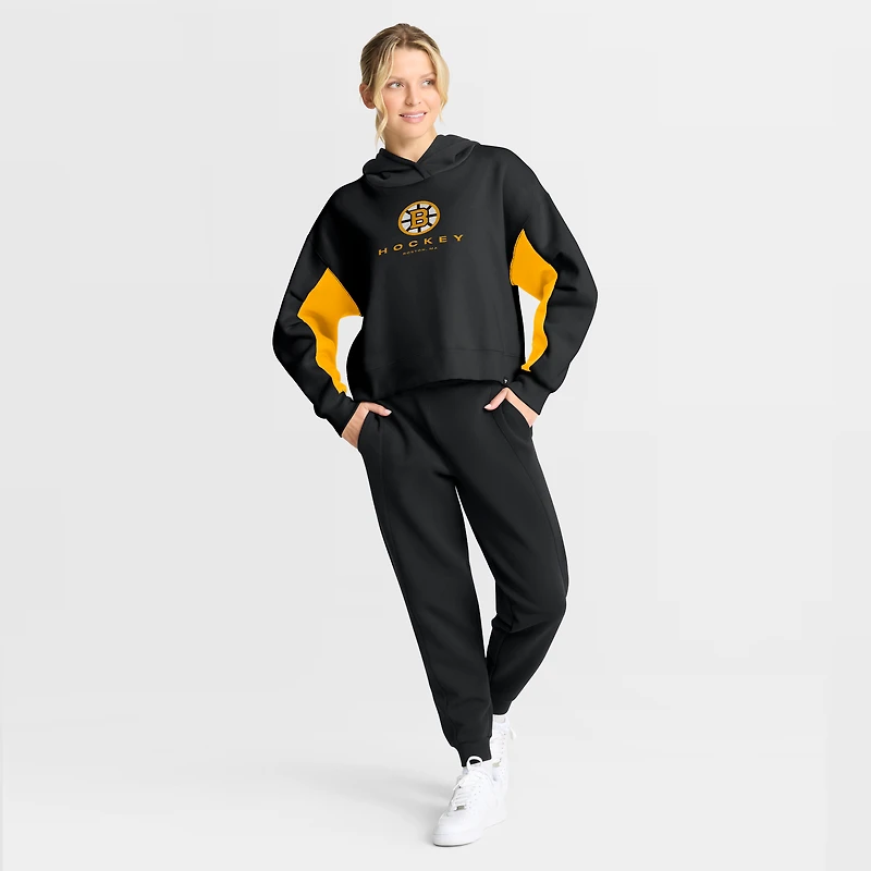 Sweat à capuche boxy noir carreaux arrière des Bruins de Boston Fanatics pour femmes
