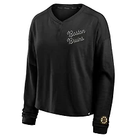T-shirt Henley surdimensionné à manches longues et imprimé All Out Effort pour femmes Fanatics Black Boston Bruins