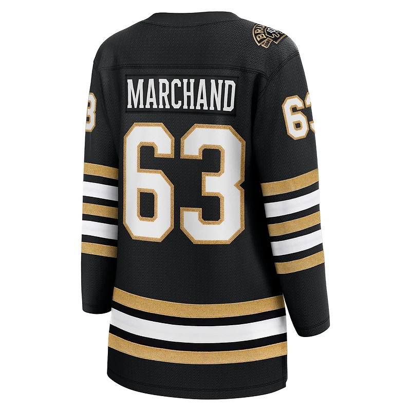Maillot de joueur échappé premier du 100e anniversaire des Bruins Boston Fanatics Brad Marchand noir pour femmes