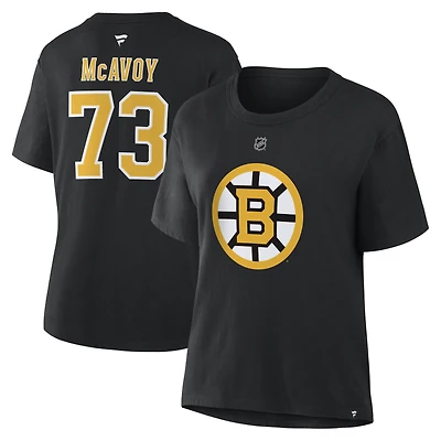 T-shirt authentique Fanatics Charlie McAvoy noir des Bruins de Boston pour femmes, avec nom et numéro superposés