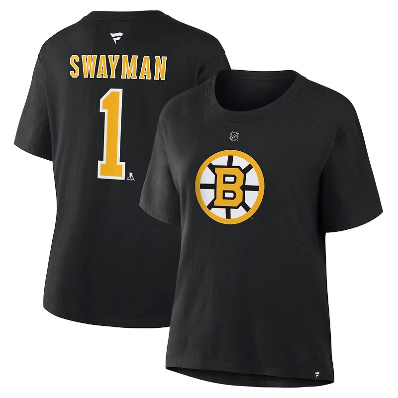 Women's Fanatics Jeremy Swayman Black Boston Bruins Authentic Stack Name & Number T-Shirt