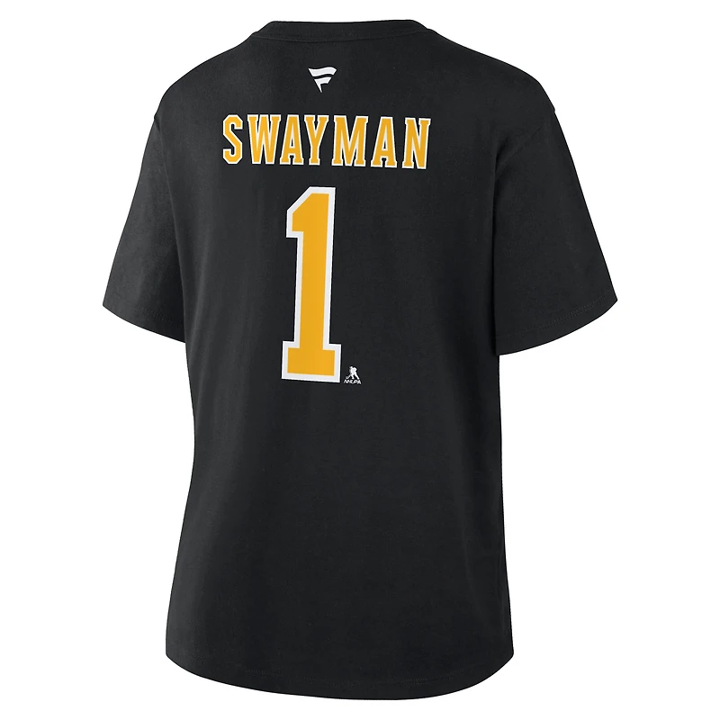 T-shirt authentique Fanatics Jeremy Swayman noir des Bruins de Boston pour femmes, avec nom et numéro superposés