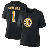 T-shirt authentique Fanatics Jeremy Swayman noir des Bruins de Boston pour femmes, avec nom et numéro superposés