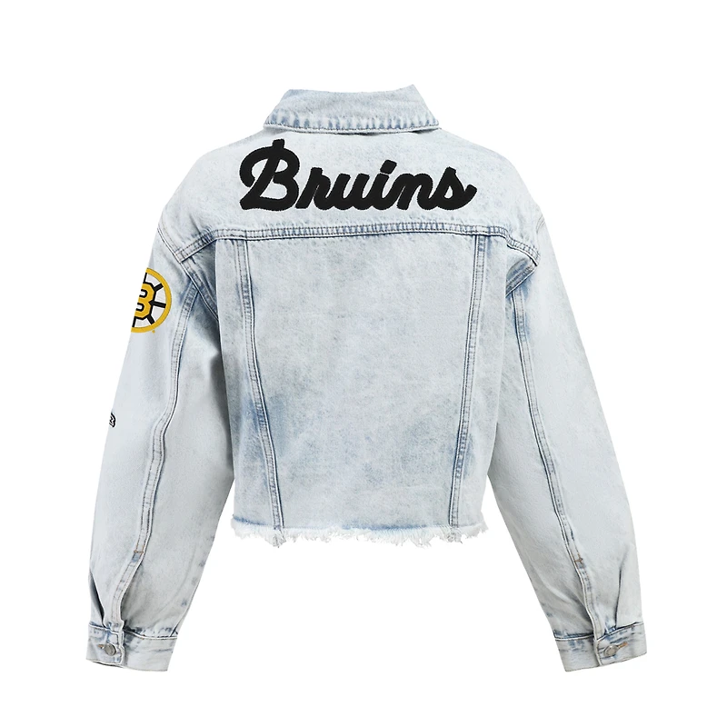Veste en jean courte boutonnée à bords francs chenille ourlet brut de la marque Hype and Vice Denim pour femme, inspirée des Bruins Boston.