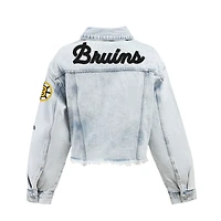 Veste en jean courte boutonnée à bords francs chenille ourlet brut de la marque Hype and Vice Denim pour femme, inspirée des Bruins Boston.