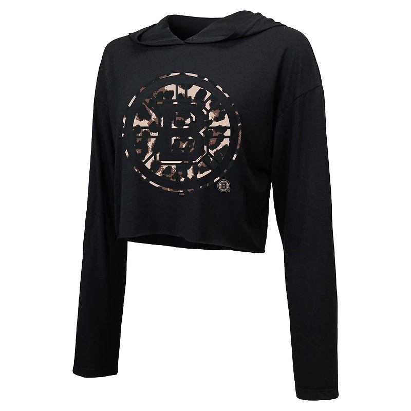 Women's Majestic Threads David Pastrnak Black Boston Bruins Leopard Print Name & Number Cropped Pullover Hoodie