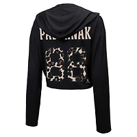 Women's Majestic Threads David Pastrnak Black Boston Bruins Leopard Print Name & Number Cropped Pullover Hoodie