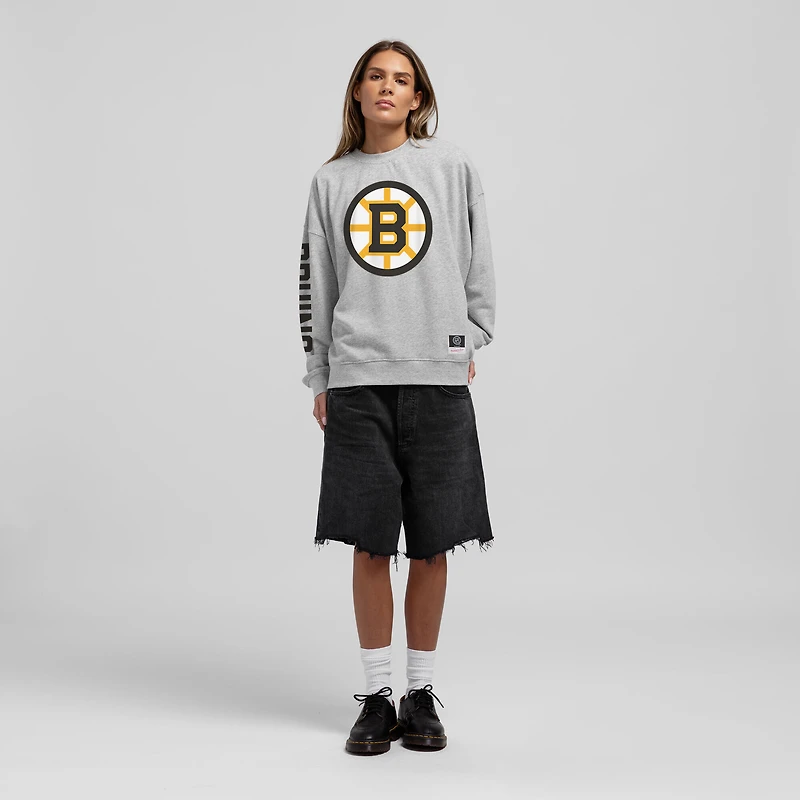 Sweat-shirt oversize Mitchell & Ness gris chiné Boston Bruins Core 3-Hit pour femme