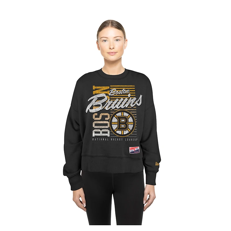 Women's New Era Black Boston Bruins Oversized Throwback Mineral Wash Sweatshirt