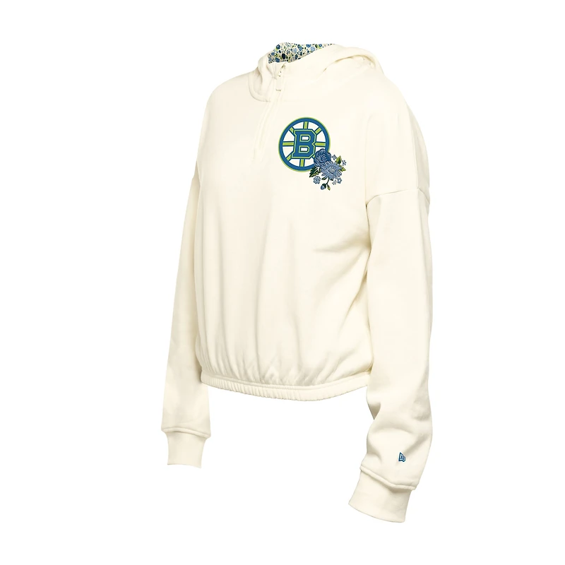 Women's New Era Cream Boston Bruins Glam Game Quarter-Zip Cropped Floral Hoodie Pullover