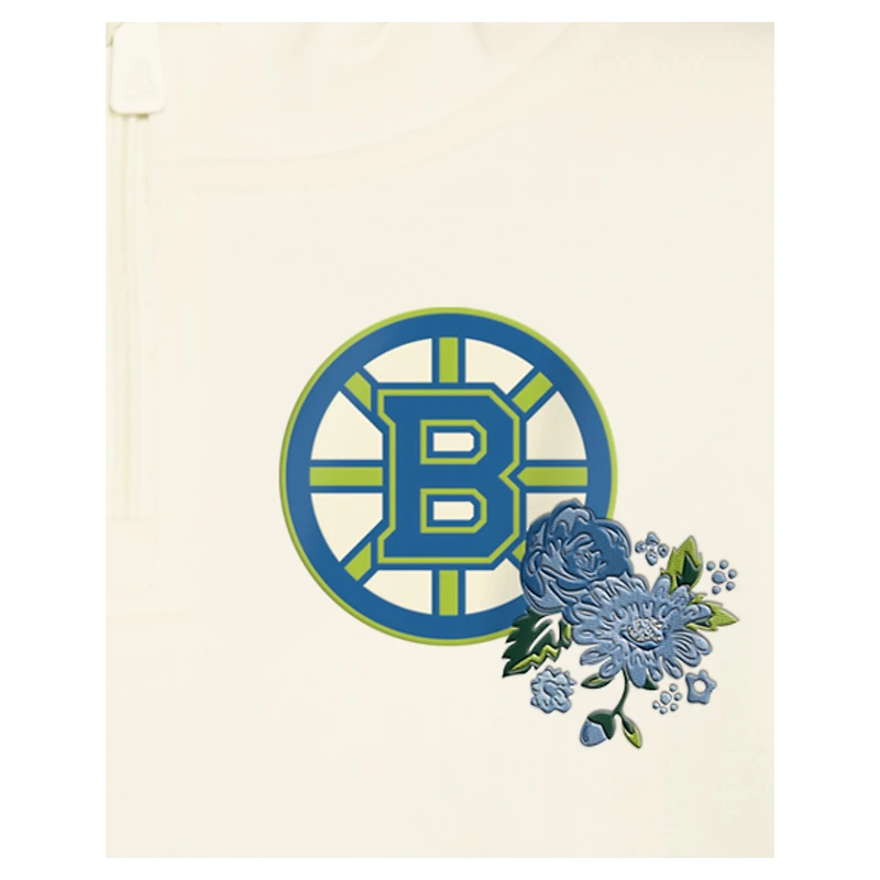 Women's New Era Cream Boston Bruins Glam Game Quarter-Zip Cropped Floral Hoodie Pullover