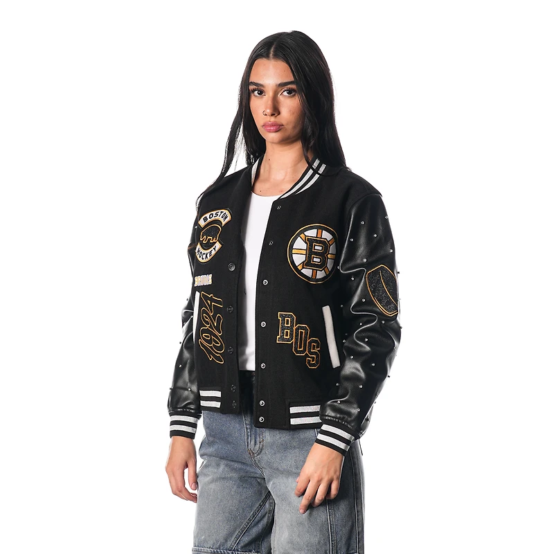 Women's The Wild Collective Black Boston Bruins Full-Snap Varsity  Jacket