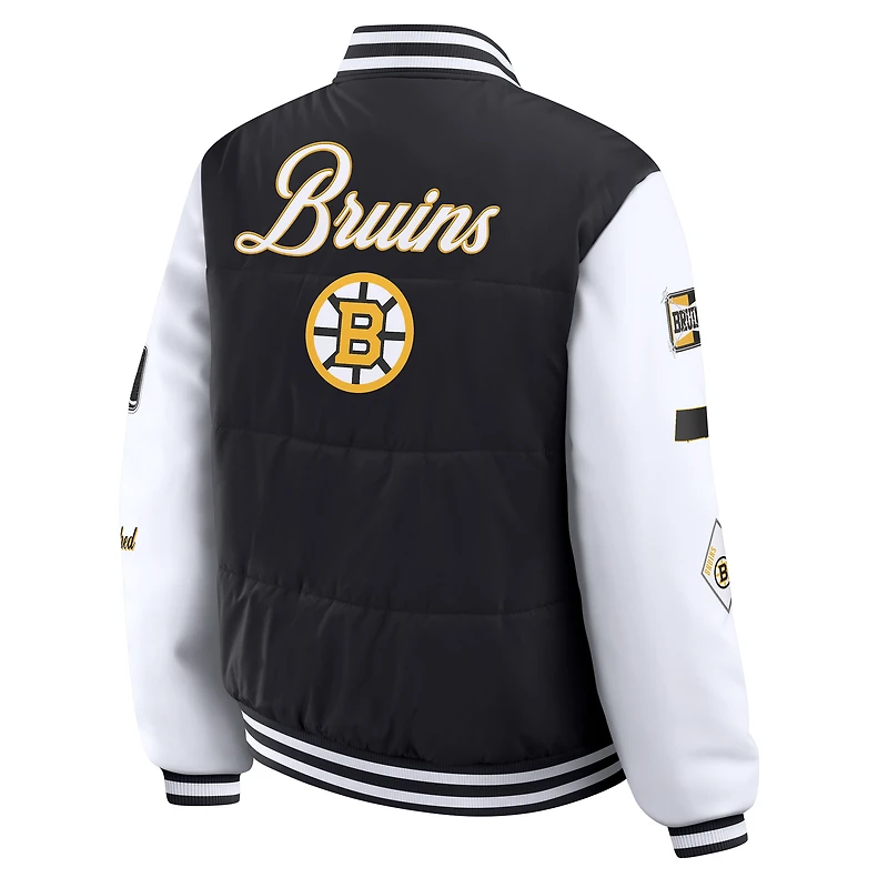 Women's WEAR by Erin Andrews Black/White Boston Bruins Varsity Full-Snap Puffer Jacket