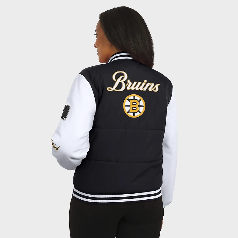Doudoune universitaire Boston Bruins noire et blanche à boutons-pression pour femmes de la marque WEAR by Erin Andrews
