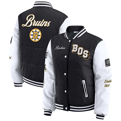 Women's WEAR by Erin Andrews Black/White Boston Bruins Varsity Full-Snap Puffer Jacket