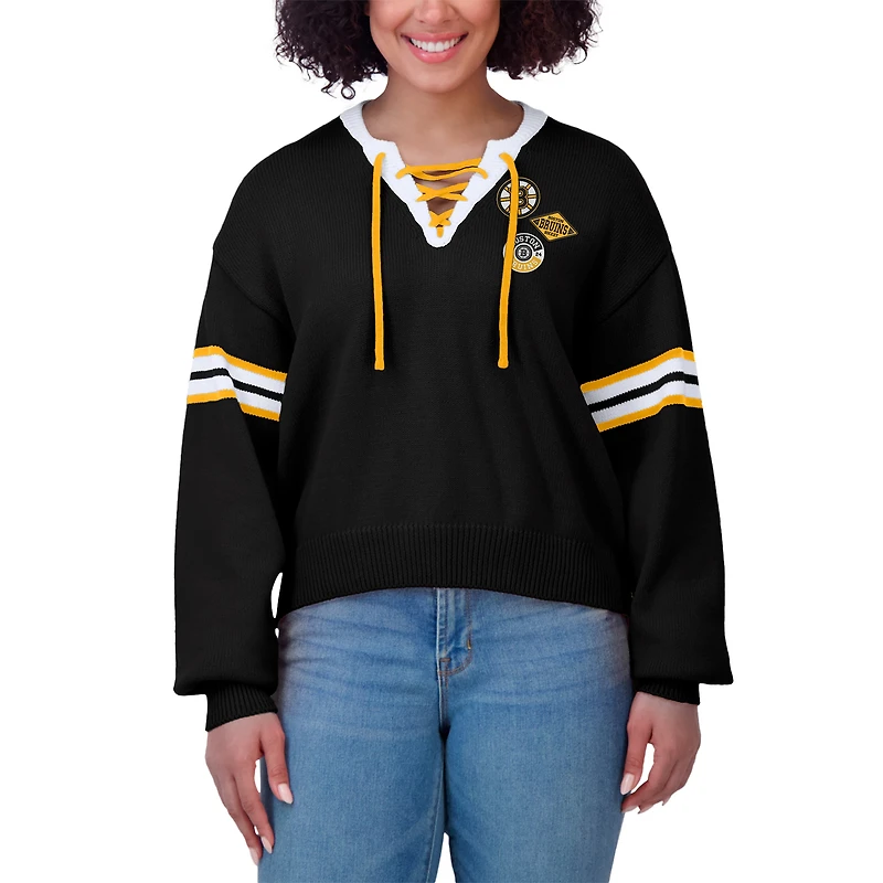 Women's WEAR by Erin Andrews  Black Boston Bruins Cropped Lace-Up Sweater