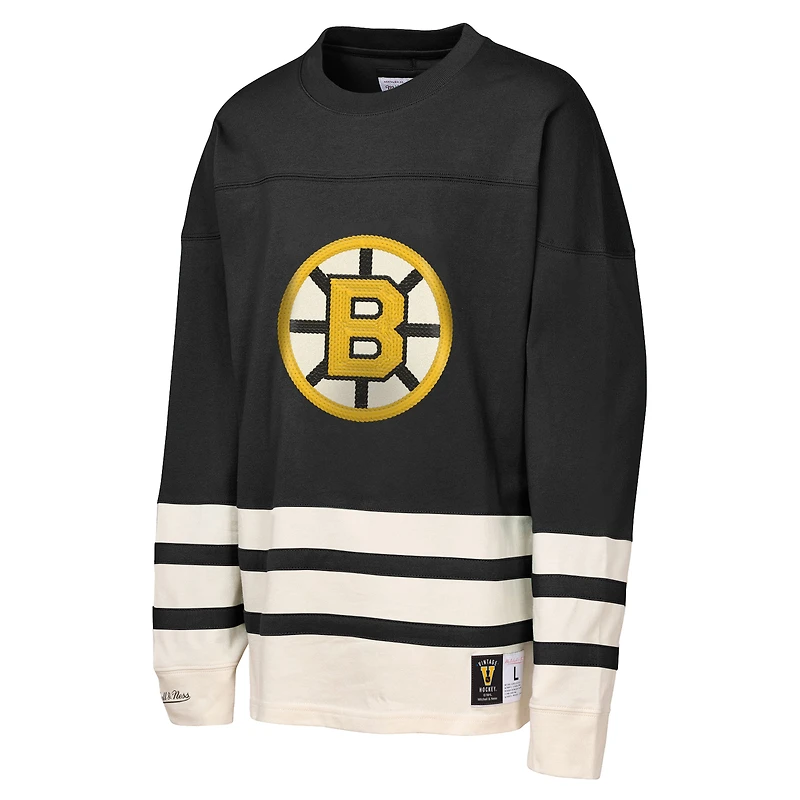 Haut épais à manches longues et point de chaînette Boston Bruins noir Mitchell & Ness pour jeunes