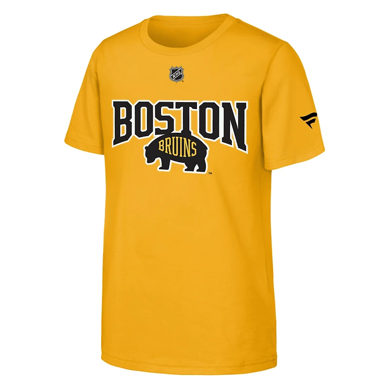 T-shirt authentique vestiaire des Bruins de Boston, série stades la LNH 2026, collection Fanatics Gold pour jeunes