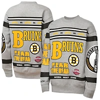 Youth Mitchell & Ness Heather Gray Boston Bruins Allover Print Fleece Crewneck Sweatshirt