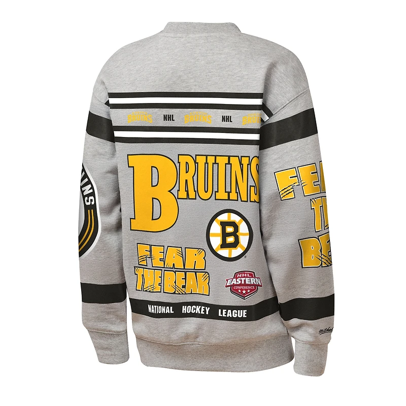 Youth Mitchell & Ness Heather Gray Boston Bruins Allover Print Fleece Crewneck Sweatshirt