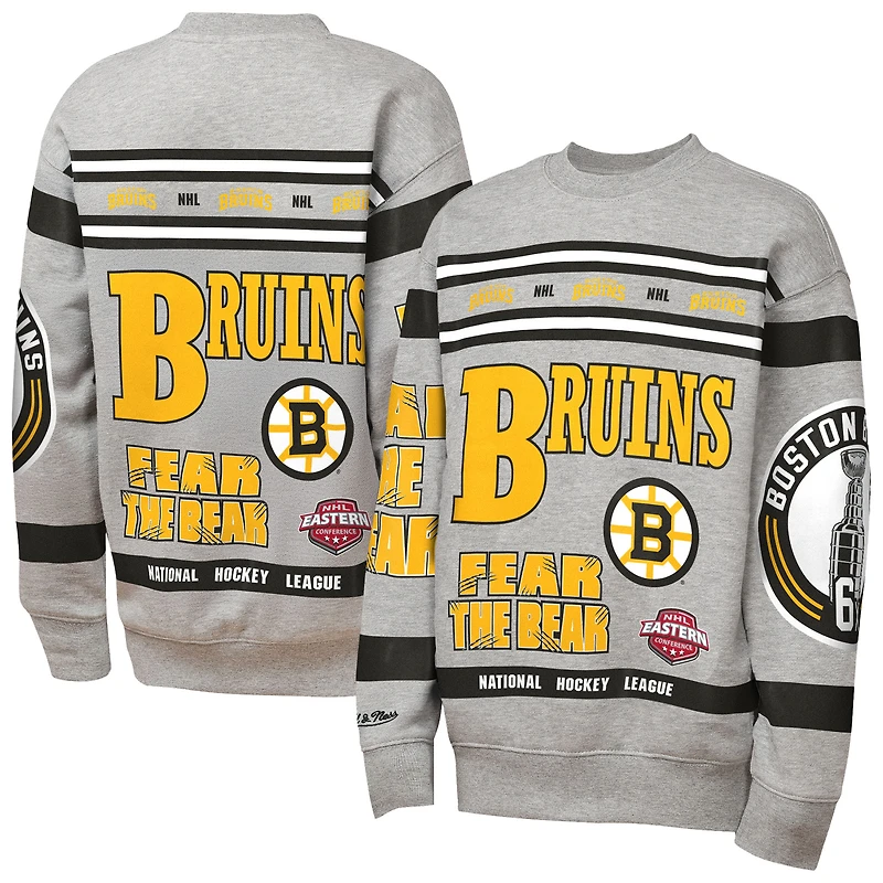 Youth Mitchell & Ness Heather Gray Boston Bruins Allover Print Fleece Crewneck Sweatshirt