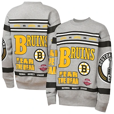 Youth Mitchell & Ness Heather Gray Boston Bruins Allover Print Fleece Crewneck Sweatshirt